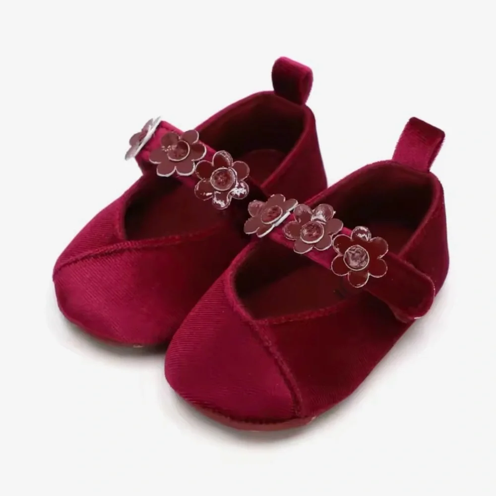 New Elegant Maroon Baby Shoes with Floral Strap 0-6 months